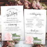 Elegant Blush Pink Rose Budget Wedding Program<br><div class="desc">These wedding programs are elegant and tasteful, while still being budget friendly. The design features a single long stemmed pale blush pink coloured rose lying on its side, reflecting in a pool of water with waves and ripples. The typography features lacy black script calligraphy, and there is room for details...</div>