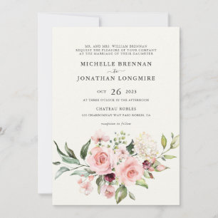Elegant Blush Pink Rose Classic Watercolor Wedding Invitation