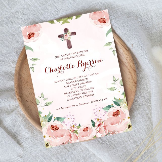 Elegant Blush Pink Rose Floral Baptism Invitation (Creator Uploaded)