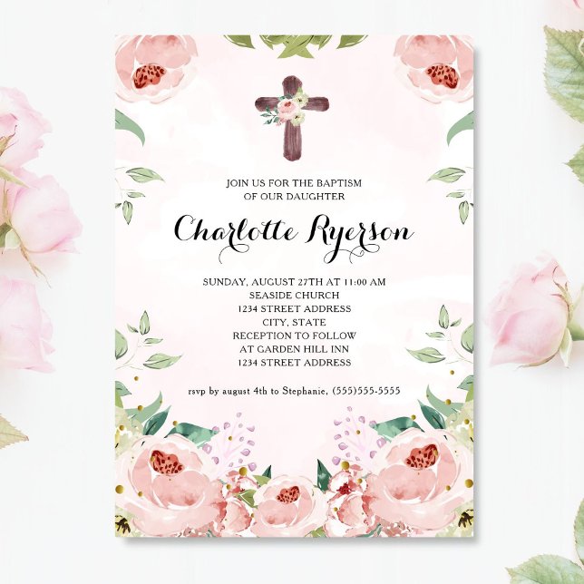 Elegant Blush Pink Rose Floral Baptism Invitation (Creator Uploaded)