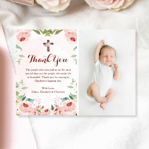Elegant Blush Pink Rose Floral Baptism Photo Thank You Card