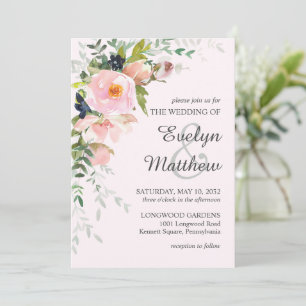 Elegant Blush Pink Rose Floral Botanical Wedding Invitation