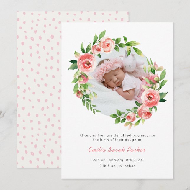 Elegant Blush Pink Rose Floral Photo Baby Birth Announcement (Front/Back)