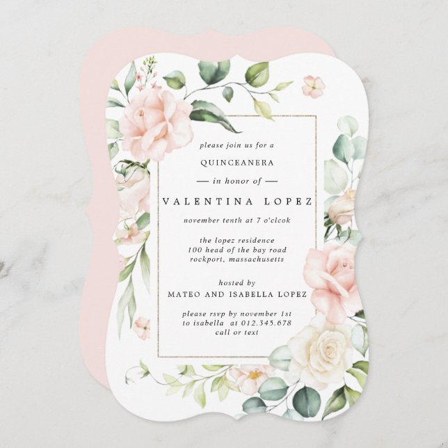 Elegant Blush Pink Rose Floral Quinceanera Invitation (Front/Back)
