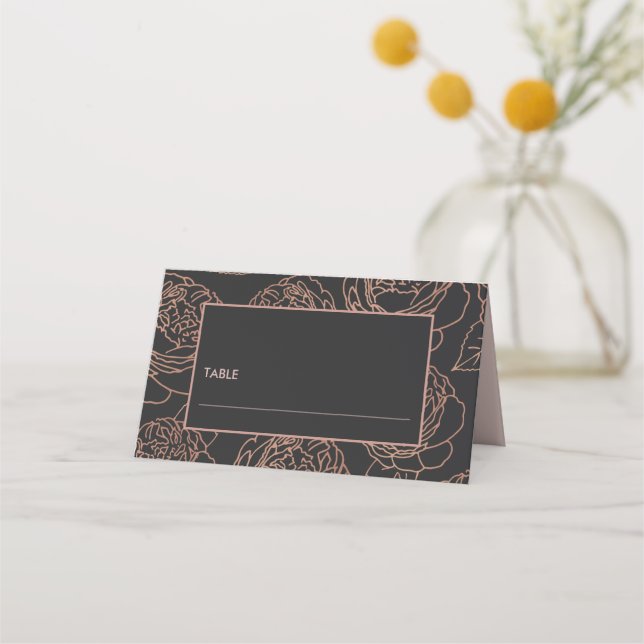 ELEGANT BLUSH PINK ROSE GOLD BLACK FLORAL WEDDING PLACE CARD (Front)