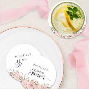 Elegant Blush Pink Rose Gold Bridal/Baby Shower Round Paper Coaster