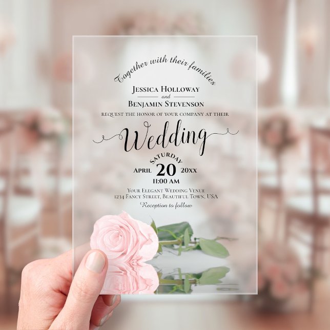 Elegant Blush Pink Rose Lacy Calligraphy Wedding Acrylic Invitations (Frosted with Rectangle Cut)