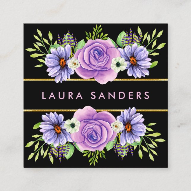 Elegant Blush Pink Rose Lilac Flower Hair & Makeup Square Business Card (Front)