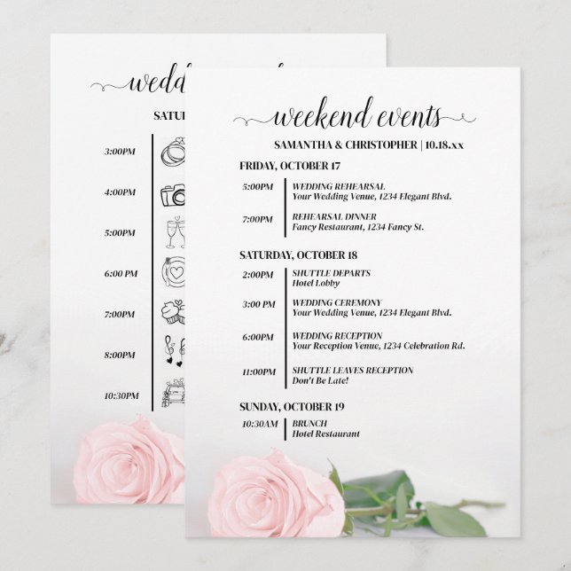 Elegant Blush Pink Rose Wedding Events & Timeline Programme (Front/Back)