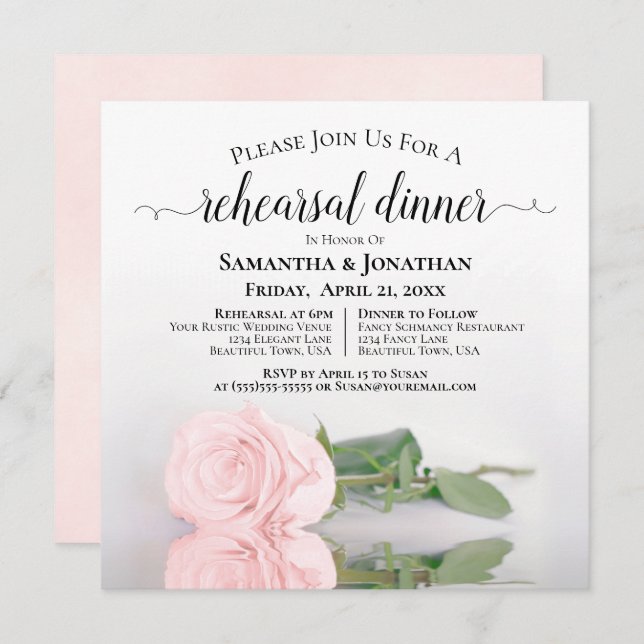 Elegant Blush Pink Rose Wedding Rehearsal & Dinner Invitation (Front/Back)
