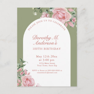 Elegant Blush Pink Roses 100th Birthday Party  Postcard