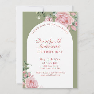 Elegant Blush Pink Roses 90th Birthday Party Invitation