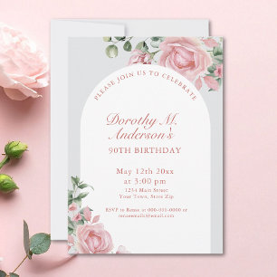 Elegant Blush Pink Roses 90th Birthday Party Invitation