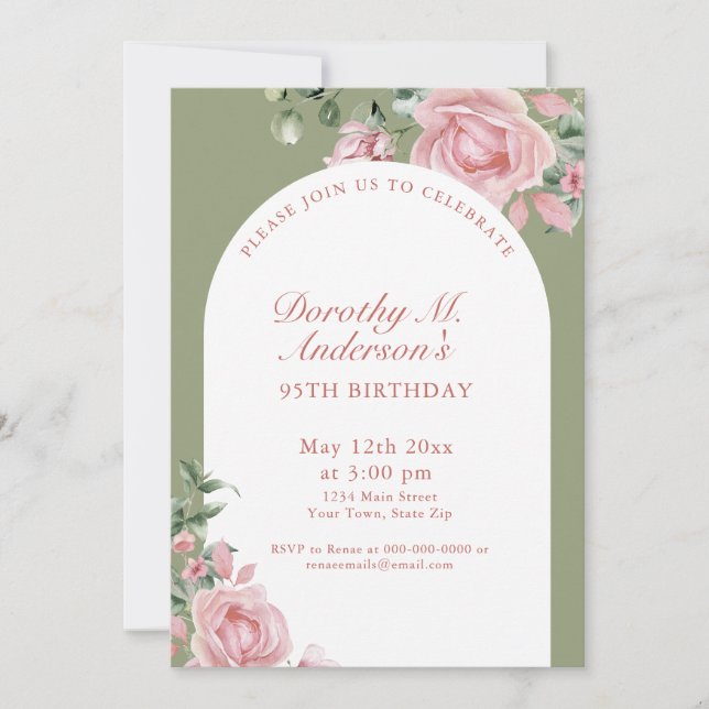 Elegant Blush Pink Roses 95th Birthday Party  Invitation (Front)