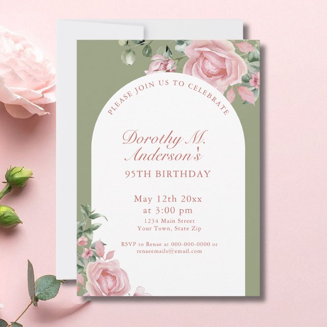 Elegant Blush Pink Roses 95th Birthday Party  Invitation (Creator Uploaded)