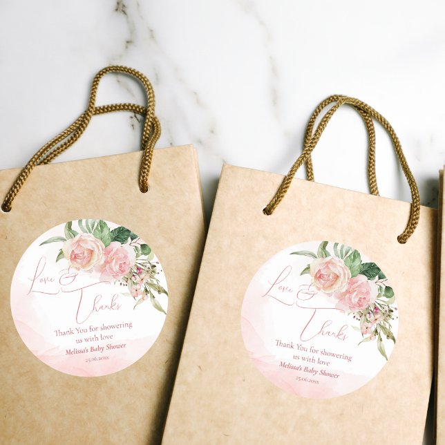 Elegant blush pink roses baby shower thank you classic round sticker (Creator Uploaded)