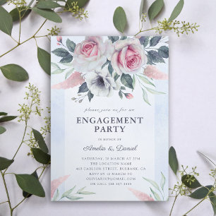 Elegant Blush Pink Roses Blue Engagement Party  Invitation