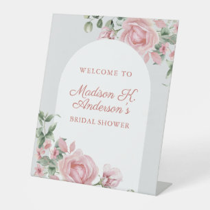 Elegant Blush Pink Roses Bridal Shower Pedestal Sign