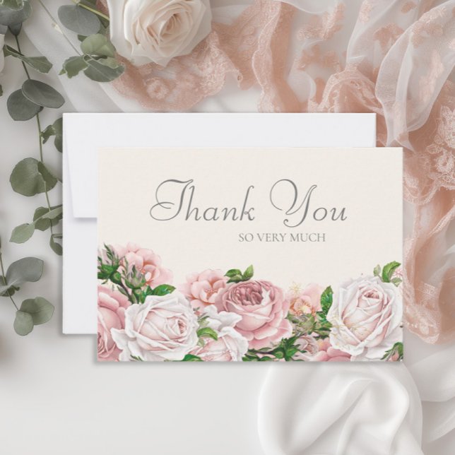 Elegant Blush Pink Roses Cream Wedding Thank You (Elegant pink vintage roses wedding Thank You card)