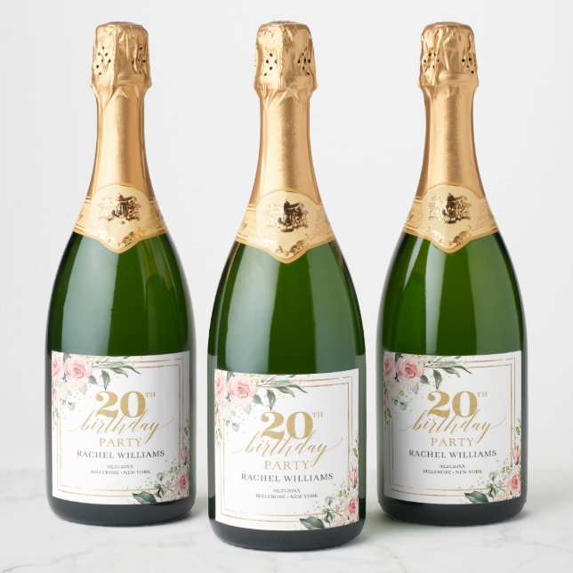 Elegant blush pink roses eucalyptus 20 birthday sparkling wine label (Bottles)