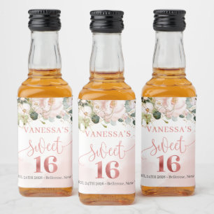 Elegant blush pink roses eucalyptus gold sixteen liquor bottle label