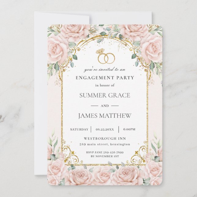 Elegant Blush Pink Roses Floral Gold Engagement  Invitation (Front)