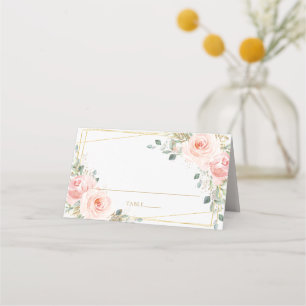 Elegant Blush Pink Roses Floral Gold Geometric  Place Card