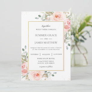 Elegant Blush Pink Roses Floral Gold Wedding  Invi Invitation