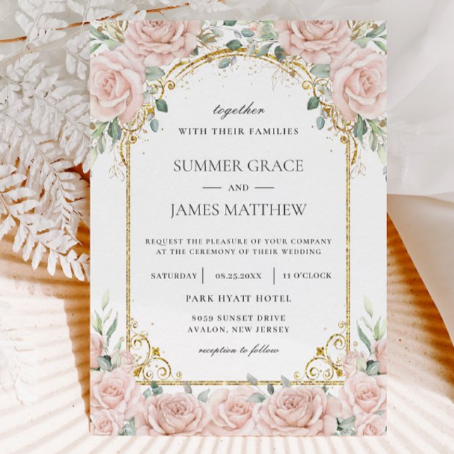 Elegant Blush Pink Roses Floral Gold Wedding   Invitation (Creator Uploaded)