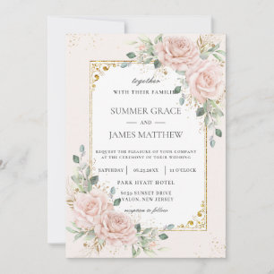 Elegant Blush Pink Roses Floral Greenery Wedding Invitation