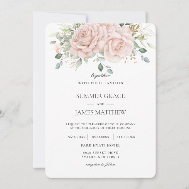 Elegant Blush Pink Roses Floral Greenery Wedding   Invitation (Front)