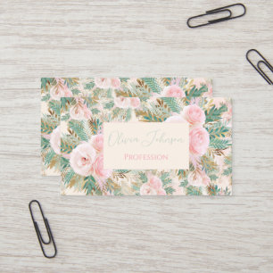 Elegant Blush Pink Roses Floral Mint Golden Leaves Business Card