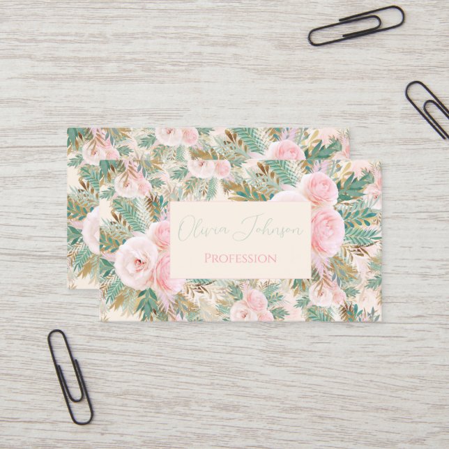 Elegant Blush Pink Roses Floral Mint Golden Leaves Business Card (Front/Back In Situ)