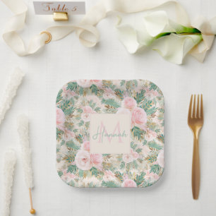 Elegant Blush Pink Roses Floral Mint Golden Leaves Paper Plate