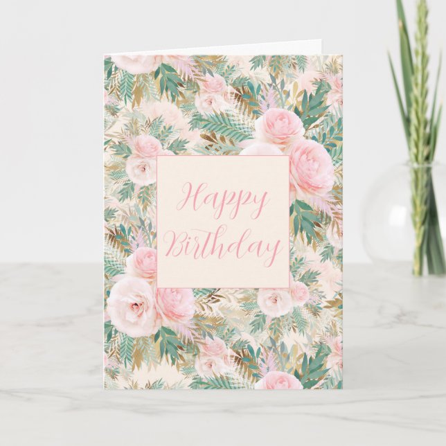 Elegant Blush Pink Roses Floral Mint Golden Leaves Thank You Card (Front)