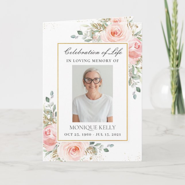 Elegant Blush Pink Roses Floral Photo Funeral   Programme (Front)