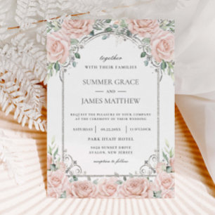 Elegant Blush Pink Roses Floral Silver Wedding   Invitation