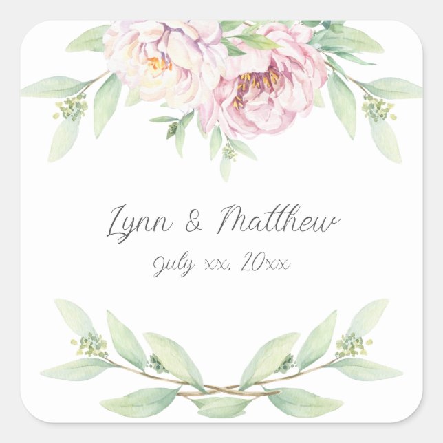 Elegant Blush Pink Roses Floral Wedding Square Sticker (Front)