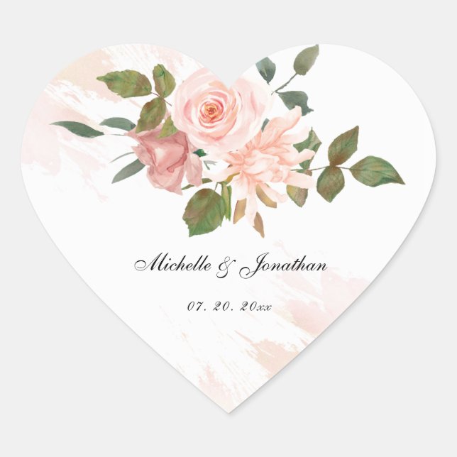 Elegant Blush Pink Roses Gold Green Leaves Floral Heart Sticker (Front)