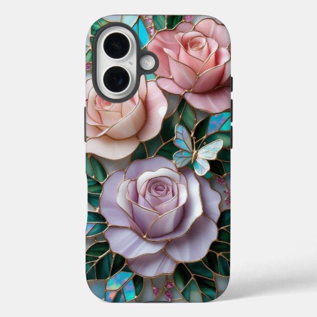 Elegant Blush Pink Roses in Stained Glass Art Case-Mate iPhone Case (Back)