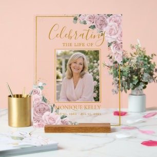 Elegant Blush Pink Roses Picture Funeral Memorial Acrylic Sign