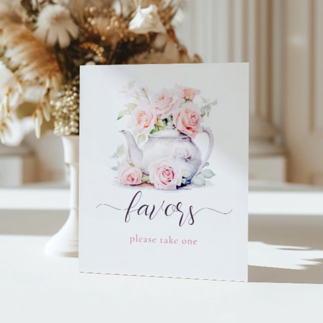 Elegant Blush Pink Roses Tea Party Favours Pedestal Sign (Creator Uploaded)