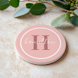 Elegant Blush Pink Round Monogram Script Coaster<br><div class="desc">An elegant sandstone coaster featuring a rosewood serif initial and custom family name in script, framed by a white circle on a soft blush pink background. The warm rose gold typography against delicate blush creates a romantic, feminine accent for any home. A lovely personalised gift for bridal showers, housewarmings, or...</div>