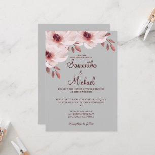 Elegant Blush Pink Rusty Leaves Watercolor Floral Invitation