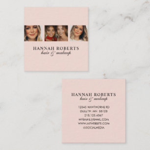 Elegant Blush Pink Script 3 Photo Hair Makeup Square Business Card