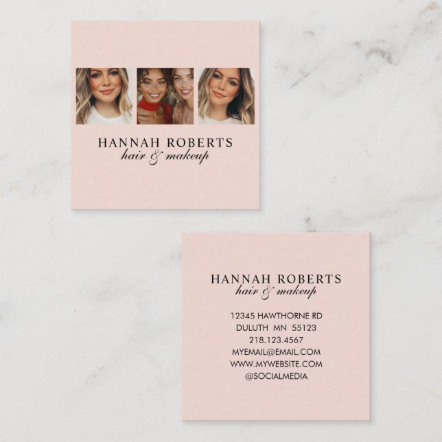 Elegant Blush Pink Script 3 Photo Hair Makeup Square Business Card (Front/Back)