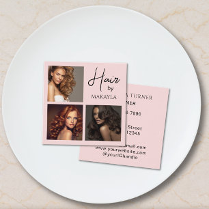 Elegant Blush Pink Script 3 Photo Hair Stylist Square Business Card