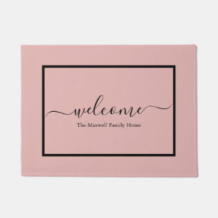 Elegant blush pink script family name welcome doormat