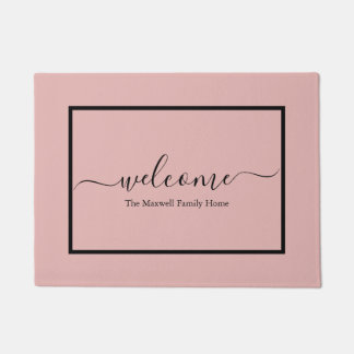 Elegant blush pink script family name welcome doormat