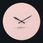 Elegant blush pink script name  large clock<br><div class="desc">Modern wall clock with a girly blush pink design and a hand lettered black script. Personalise with your name.</div>